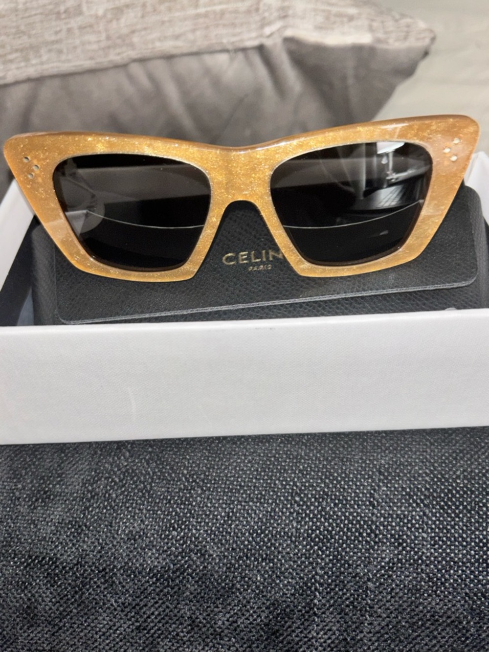 Celine Gold Glitter 3 Dots Cat-Eye Sunglasses with Black Lenses